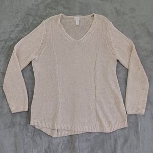 Chicos Sz 3 / Xl Sweater Neutral Sequins Cable Open Knit Pullover Beachy Coastal